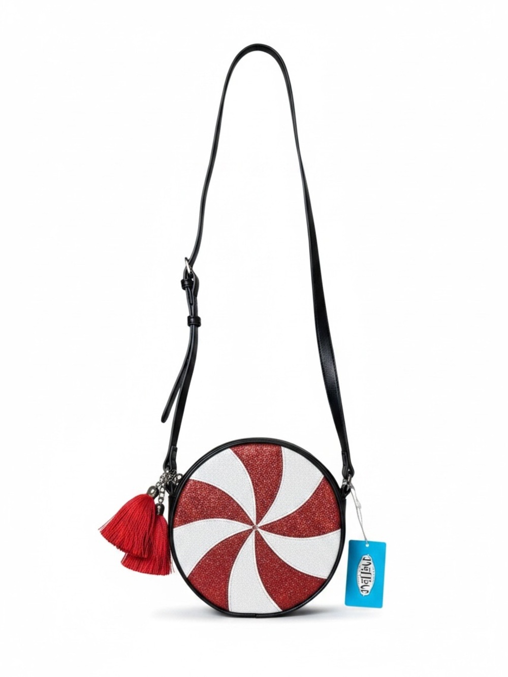 Mad Love Round Red & White Peppermint Crossbody Bag with Tassels NWT